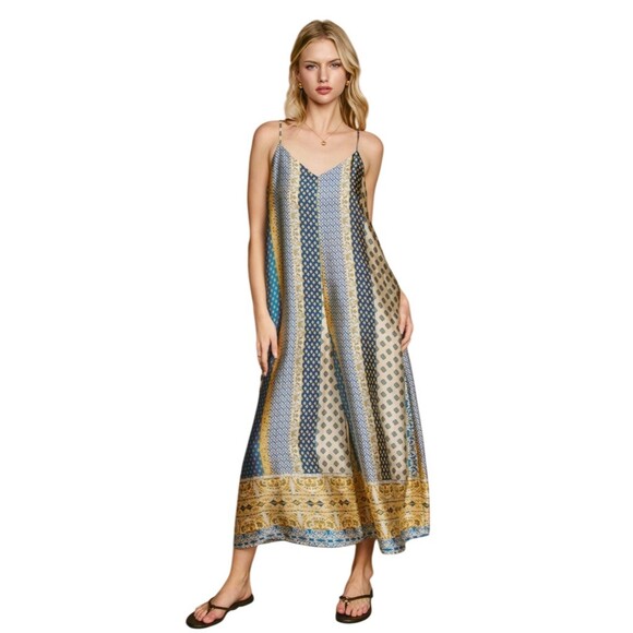 Boho Wide Leg Silky Satin Palazzo Jumpsuit M Multicolor Hippie Gypsy - Picture 2 of 16